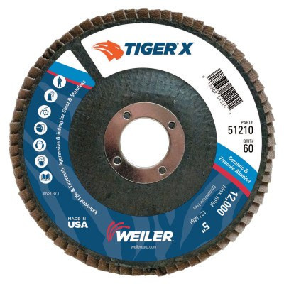 Weiler TIGER X Flap Disc, 5 in Angled, 60 Grit, 7/8 in Arbor, 10 PK, #51210