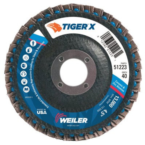 Weiler Tiger X Flap Disc, 4-1/2 in Flat, 40 Grit, 7/8 in Arbor, 10/PK, #51223 Weiler Tiger X Flap Disc, 4-1/2 in Flat, 40 Grit, 7/8 in Arbor, 10/PK, #51223