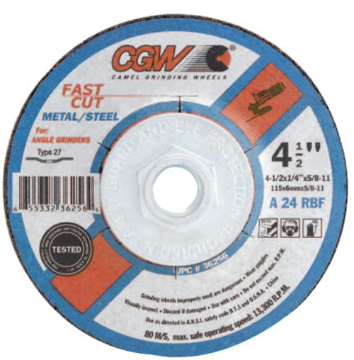 CGW Abrasives Depressed Center Wheel, 7 in Dia, 1/4 in Thick, 5/8 Arbor, 24 Grit, Alum. Oxide, 10 BX, #36262