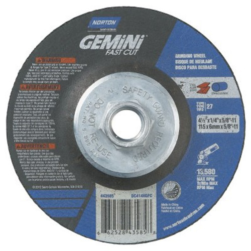 Norton Gemini FastCut Depressed Center Wheel, 4 1/2 in Thick, Aluminum Oxide, 10 BX, #66252843585