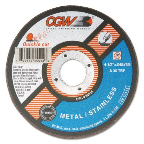 CGW Abrasives Extra Thin Cut-Off Wheel, Type 1, 5 in Dia, .045 in Thick, 36 Grit Alum. Oxide, 25/BX, #35516