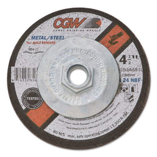 CGW Abrasives Depressed Center Wheel, 4 1/2 in Dia, 1/4 in Thick, 7/8 Arbor, Hardness Grade N, 1 EA, #35622