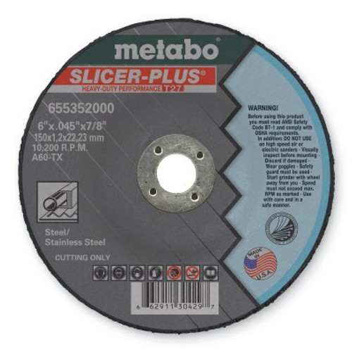 Metabo Slicer Plus Cutting Wheel, Type 27, 6 in Dia, .045 in Thick, 60 Grit Alum. Oxide, 1 EA, #655352000 Metabo Slicer Plus Cutting Wheel, Type 27, 6 in Dia, .045 in Thick, 60 Grit Alum. Oxide, 1 EA, #655352000