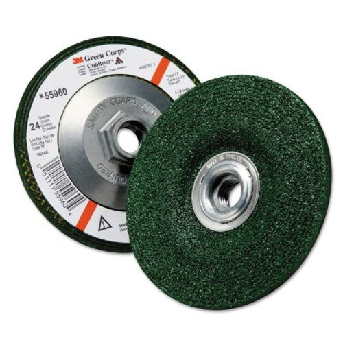 3M Green Corps Depressed Center Wheel, 4 1/2 in Dia, 1/4 Thick, 5/8 Arbor, 24 Grit, 10 BOX, #7010308189