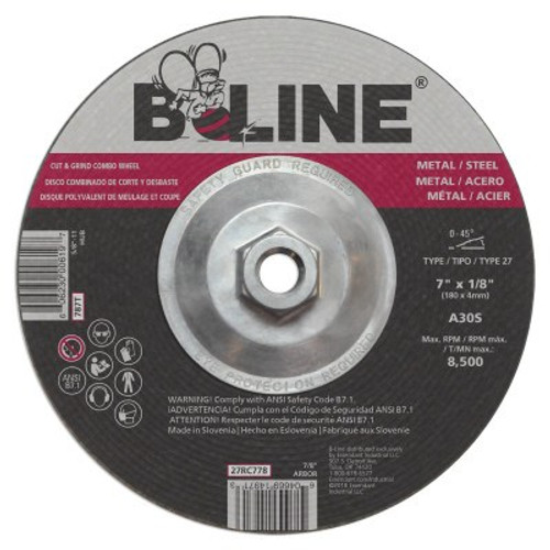 B-Line Depressed Ctr Combo Wheel, 7 in dia, 1/8 in Thick, 7/8 in Arbor, 30 Grit, 10/BX, #90904