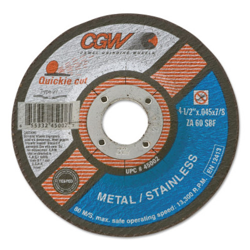 CGW Abrasives Cut-Off Wheel, Type 27, 5 in Dia, .045 in Thick, 60 Grit Zirconia/Alum., 1 EA, #42005