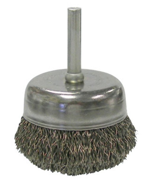 Weiler Stem-Mounted Crimped Wire Cup Brush, 2 in Dia., .0118 in Steel Wire, 1 EA, #14306