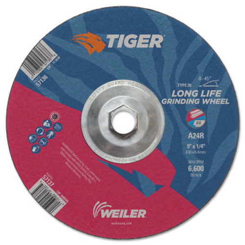 Weiler Tiger Grinding Wheels, 9 in Dia., 1/4 in Thick, 24 Grit, Aluminum Oxide, 10 EA, #57136