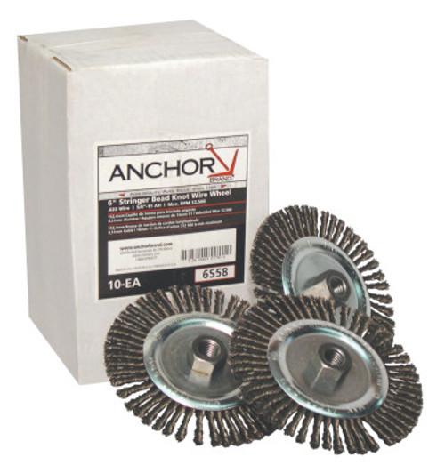 Anchor Products Stringer Bead Wheel Brush, 6 in D x 6 in W, 0.02 in Carbon Steel Wire, 1 EA, #94866