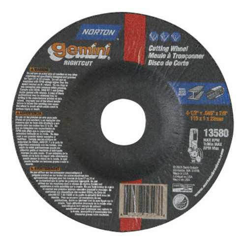 Norton Gemini RightCut Depressed Center Cut-Off Wheel, 4 1/2" Dia, .045" Thick, 7/8 in, 25 EA, #66252841912