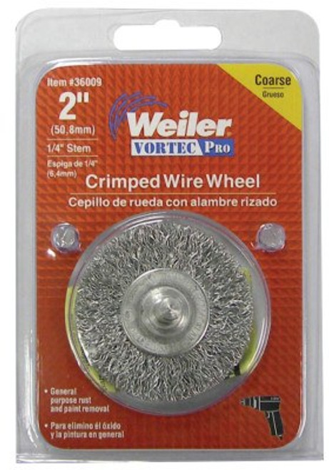 Weiler Vortec Pro Stem Mounted Crimped Wire Wheel, 3 in D, .014 Steel, Retail Pack, 1 EA, #36011 Weiler Vortec Pro Stem Mounted Crimped Wire Wheel, 3 in D, .014 Steel, Retail Pack, 1 EA, #36011