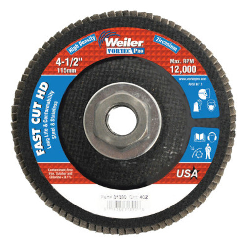 Weiler 4-1/2" Vortec Pro High Density Abrasive Flap Disc, Flat, 10 CT, #31390