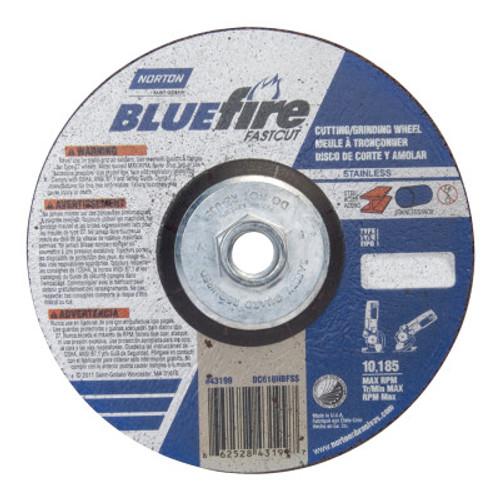 Norton BlueFire Depressed Center Wheels, 6" Dia, 5/8" Arbor, 1/8" Thick, 24 Grit, 10 PK, #66252843199