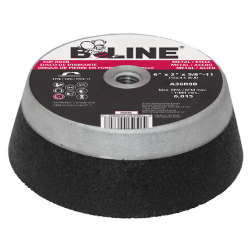 B-Line Cup Wheel, 6 in dia, 2 in Thick, 5/8 in-11 Arbor, 36 Grit, Alum Oxide, 8 PK, #90995