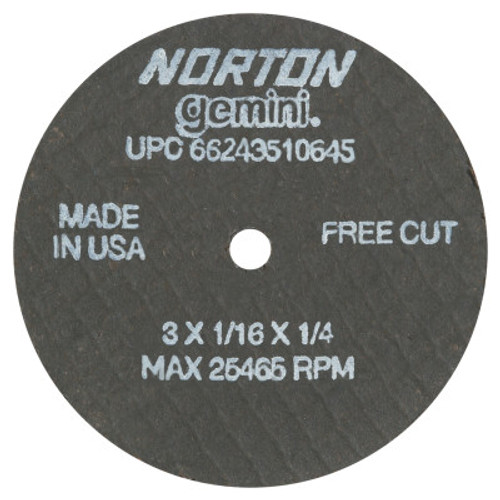 Norton Gemini Reinforced Cut-Off Wheel, Type 1, 3 in Dia, 1/16 in Thick, 1/4 in Arbor, 25 ctn, #66243510645