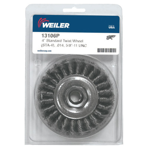 Weiler Standard Twist Knot Wheel, 4 in D x 1/2 W, .014 Wire, 5/8-11 UNC Nut, Retail Pk, 1 EA, #13106P