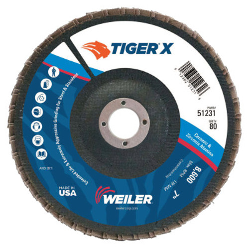 Weiler TIGER X Flap Disc, 7 in Flat, 80 Grit, 7/8 in Arbor, 10 PK, #51231