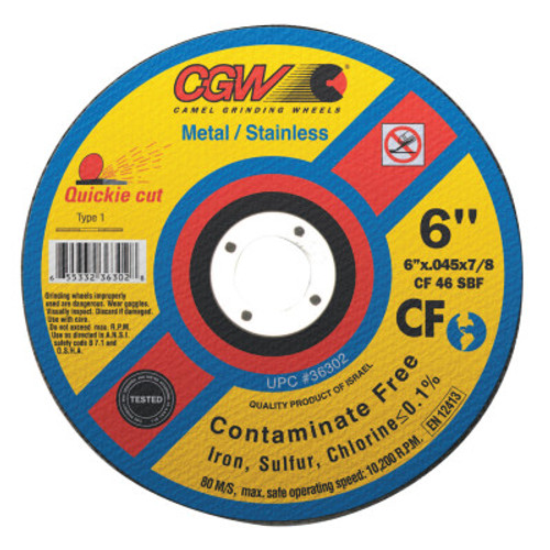 CGW Abrasives Contaminate Free Cut-Off Wheel, 6 in Dia, .045 in Thick, 36 Grit Alum. Oxide, 1 EA, #36302