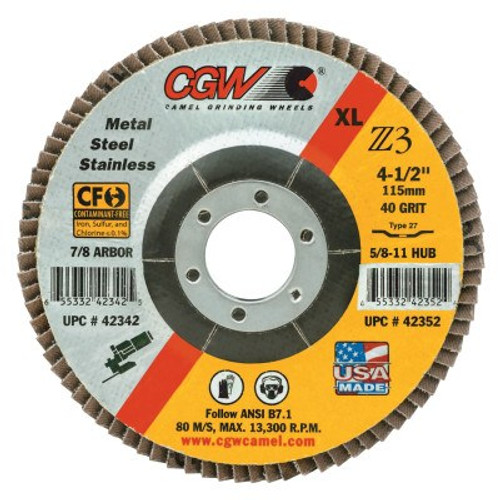 CGW Abrasives Premium Z3 XL T27 Flap Disc, 4 1/2", 40 Grit, 7/8 Arbor, 13,300 rpm, 10/BX, #42342 CGW Abrasives Premium Z3 XL T27 Flap Disc, 4 1/2", 40 Grit, 7/8 Arbor, 13,300 rpm, 10/BX, #42342