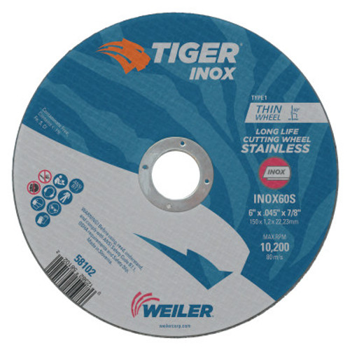 Weiler Tiger Inox Thin Cutting Wheels, 6 in Dia, .045 in Thick, 7/8 in Arbor, 25 EA, #58102