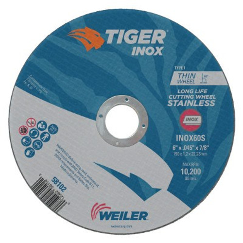 Weiler Tiger Inox Thin Cutting Wheels, 6 in Dia, .045 in Thick, 7/8 in Arbor, 25/PK, #58102