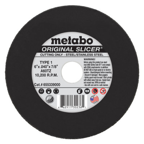 Metabo Slicer Cutting Wheel, Type 1, 6 in Dia, .04 in Thick, 60 Grit Aluminum Oxide, 1 EA, #655339000 Metabo Slicer Cutting Wheel, Type 1, 6 in Dia, .04 in Thick, 60 Grit Aluminum Oxide, 1 EA, #655339000