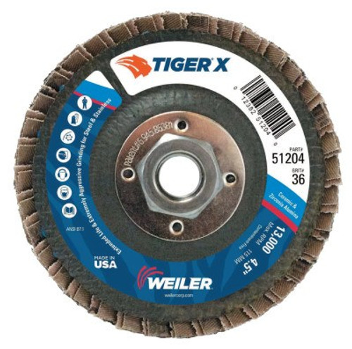 Weiler TIGER X Flap Disc, 4 1/2 in Angled, 36 Grit, 5/8 in - 11 Arbor, 10/PK, #51204
