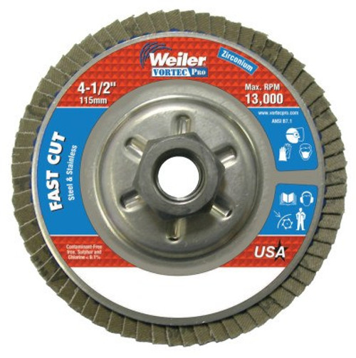 Weiler Vortec Pro Abrasive Flap Discs,4.5", 36 Grit, 5/8 Arbor, 13,000 rpm, Alum Back, 10 EA, #31313