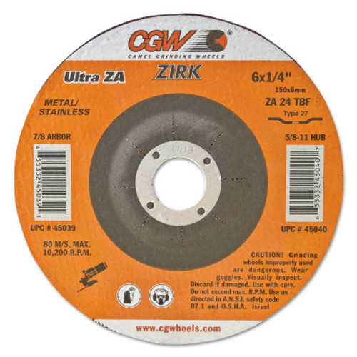 CGW Abrasives Depressed Center Wheel, Type 27, 4 1/2 in Dia, 1/4 in Thick, 7/8 Arbor, Zirconia, 1 EA, #35624