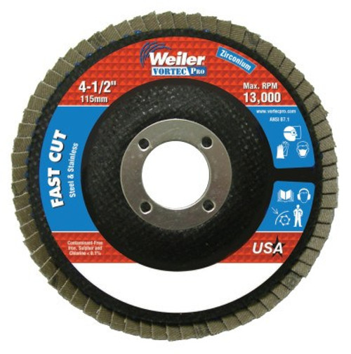 Weiler Vortec Pro Abrasive Flap Discs,4.5", 36 Grit, 7/8 Arbor, 13,000 rpm, Phenolic, 1 EA, #31343 Weiler Vortec Pro Abrasive Flap Discs,4.5", 36 Grit, 7/8 Arbor, 13,000 rpm, Phenolic, 1 EA, #31343
