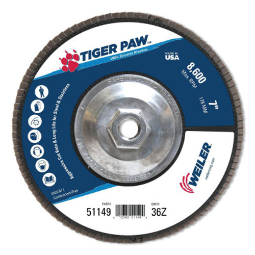 Weiler Tiger Paw? TY29 Coated Abrasive Flap Disc, 7", 36 Grit, 5/8 Arbor, 8,600 RPM, 10 CT, #51149