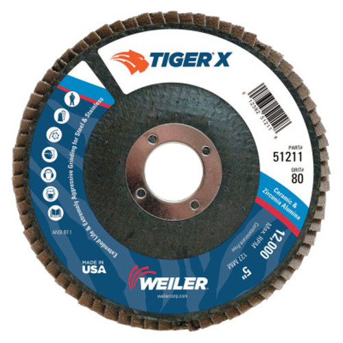 Weiler TIGER X Flap Disc, 5 in Angled, 80 Grit, 7/8 in Arbor, 10 PK, #51211