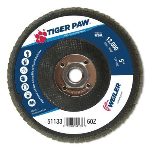 Weiler Tiger Paw? TY29 Coated Abrasive Flap Disc, 5", 60 Grit, 5/8 Arbor, 12,000 RPM, 10 CT, #51133 Weiler Tiger Paw? TY29 Coated Abrasive Flap Disc, 5", 60 Grit, 5/8 Arbor, 12,000 RPM, 10 CT, #51133