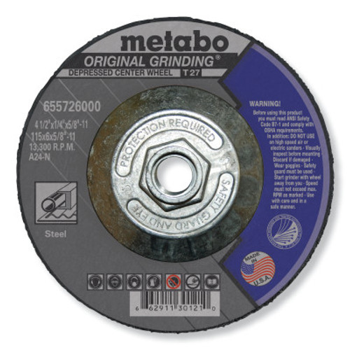 Metabo Grinding Wheel, T27, A24N, 4.5X1/4"X5/8"-11, 1 EA, #655726000