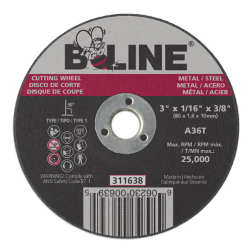 B-Line Cutting Wheel, 3 in dia, 1/16 in Thick, 3/8 in Arbor, 36 Grit, Alum Oxide, 1 EA, #90883