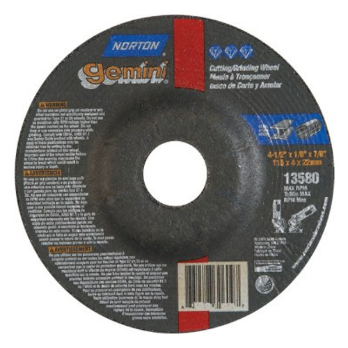 Norton Gemini Cut-Off Wheel, Type 27, 1/8 in Thick, 4 1/2 in Arbor, 25/BX, #66252843591