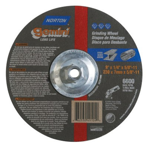 Norton Gemini Depressed Center Wheel, 9" Dia, 1/4" Thick, 5/8" Arbor, 10 EA, #66253049104