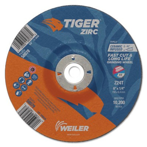 Weiler Tiger Zirc Grinding Wheels, 6 in Dia., 1/4 in Thick, 7/8 in Arbor, 24 Grit, 10 EA, #58079