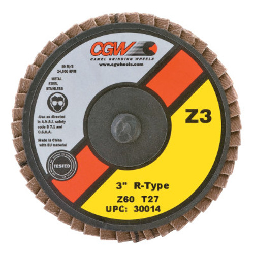 CGW Abrasives Flap Discs, Mini, Zirconia, Quick Change, Type R, 3 in, 60 Grit, 18,000 rpm, 1 EA, #30014