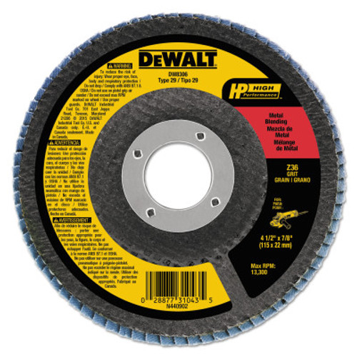 DeWalt High Perf T29 Flap Disc, 4-1/2 in, 36 Grit, 7/8 in Arbor, 13,300 RPM, 10 EA, #DW8306