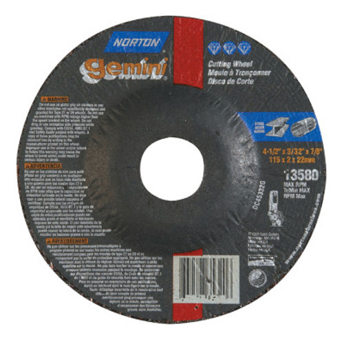 Norton Gemini RightCut Depressed Center Cut-Off Wheel, 4 1/2" Dia, 3/32" Thick, 7/8 in, 25 PK, #66252841940