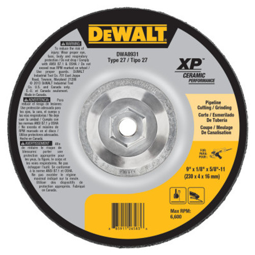 DeWalt Grinding Wheels, 9 in Dia., 1/8 in Thick, 5/8 in - 11 Arbor, 24 Grit, Ceramic, 10 EA, #DWA8931