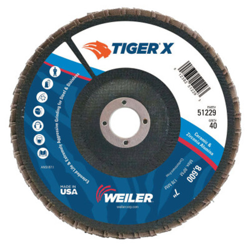 Weiler TIGER X Flap Disc, 7 in Flat, 40 Grit, 7/8 in Arbor, 10 PK, #51229