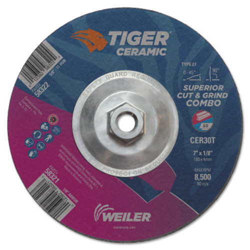 Weiler Tiger Ceramic Combo Wheels, 7 in Dia., 1/8 in Thick, 30 Grit, Ceramic Alumina, 10 BX, #58322