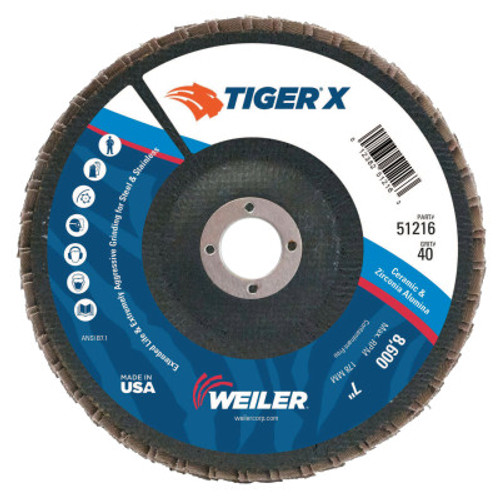 Weiler TIGER X Flap Disc, 7 in Angled, 40 Grit, 7/8 in Arbor, 10 PK, #51216