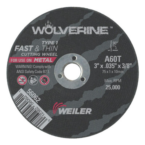 Weiler Wolverine Thin Cutting Wheels, 3 in Dia, .035 in Thick, 60 Grit, Aluminum Oxide, 100 PK, #56062