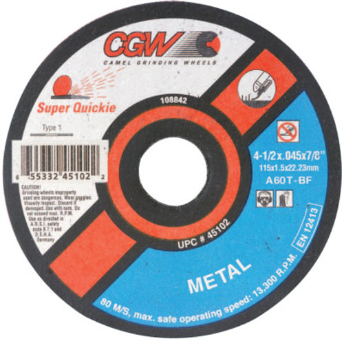 CGW Abrasives Reinforced Cut-Off Wheel, 5 in Dia, .045 in Thick, 60 Grit Alum. Oxide, 50 EA, #45105