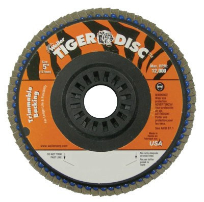 Weiler Trimmable Tiger Flap Discs, 5 in, 40 Grit, 7/8 in Arbor, 12,000 rpm, 10 EA, #50010