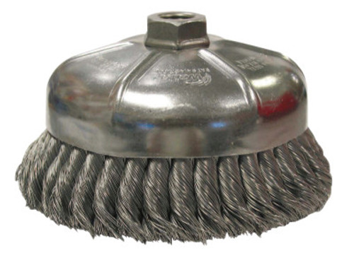 Weiler Single Row Heavy-Duty Knot Cup Brush, 6 in Dia., 5/8-11, 1 3/8 x .023 Stainless, 1 EA, #12476