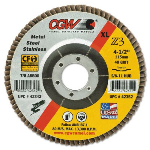 CGW Abrasives Prem Z3 Reg T27 Flap Disc, 7 in dia, 40 Grit, 5/8 in-11 Arbor, 8,600 RPM, 10/BX, #42712